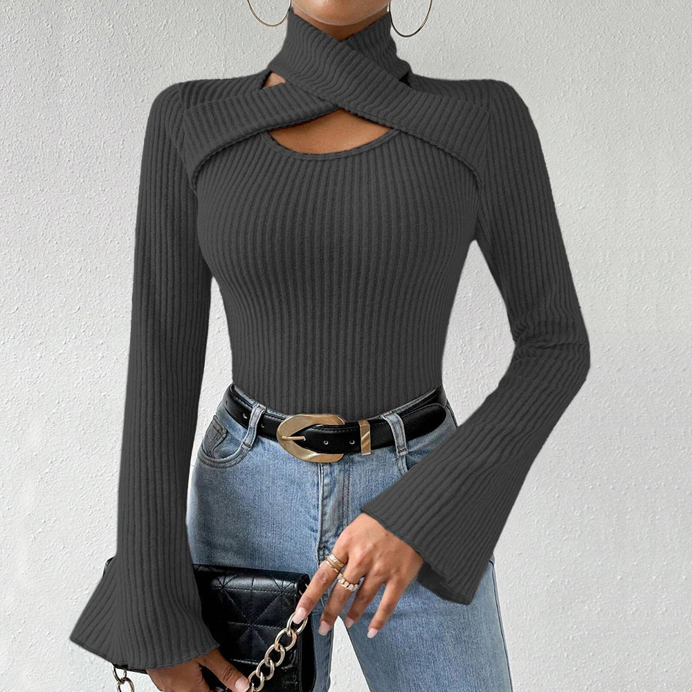 Women's T-Shirts Winter Casual Korean Cut-Out Solid Color Long Sleeve High-Neck Daily T-Shirts