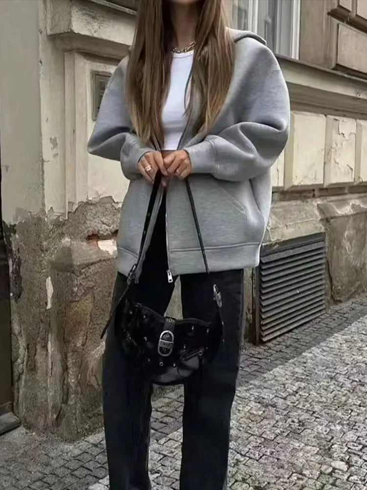 Autumn Women Gray Jacket With Hood Long Sleeve Big Pocket Zipper Jacket Coat Woman Loose Casual Outerwear Coat Tops