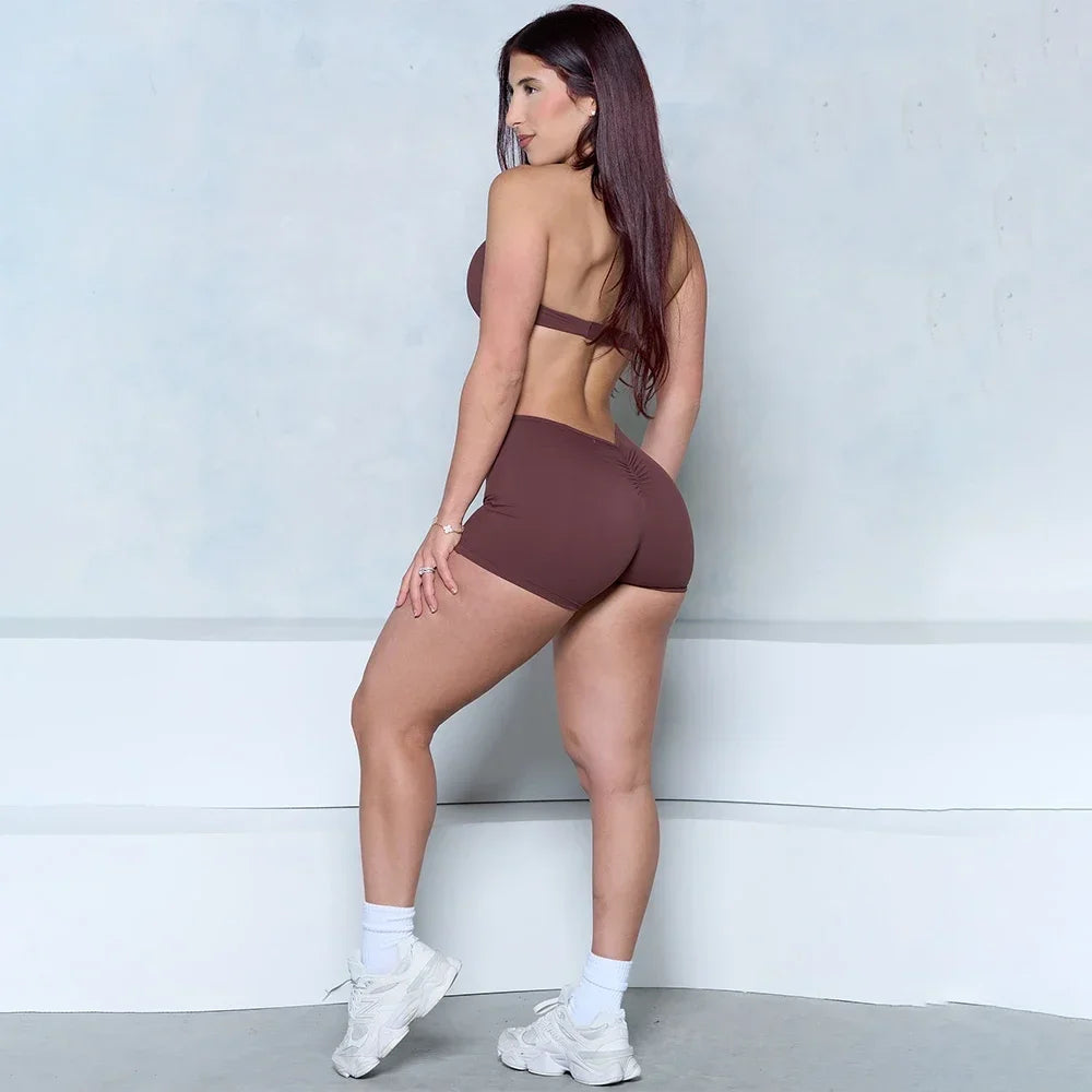 2025 Women Bum Backless Twist Front Scrunch Butt Romper Sporty Short Jumpsuit Push Up.