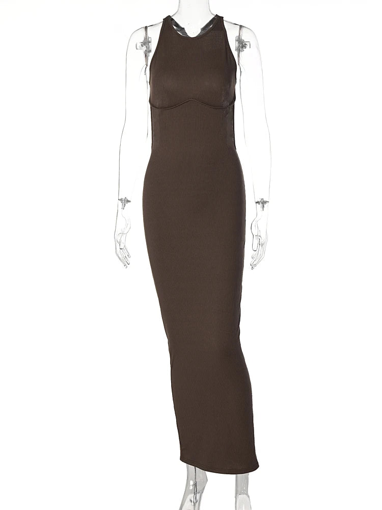 Ribbed Solid Hollow Out Backless Sleeveless Sexy Slit Mini Bodycon Dress 2025 Spring Women Outfits Elegant Party Y2K