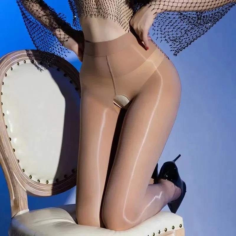 Open Crotch Shiny Pantyhose Women Sexy Thin Transparent