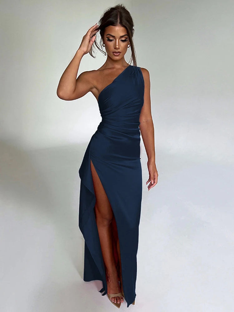 Summer sexy one shoulder satin long dress for women sleeveless backless high slit party evening dresses elegant cocktail dress