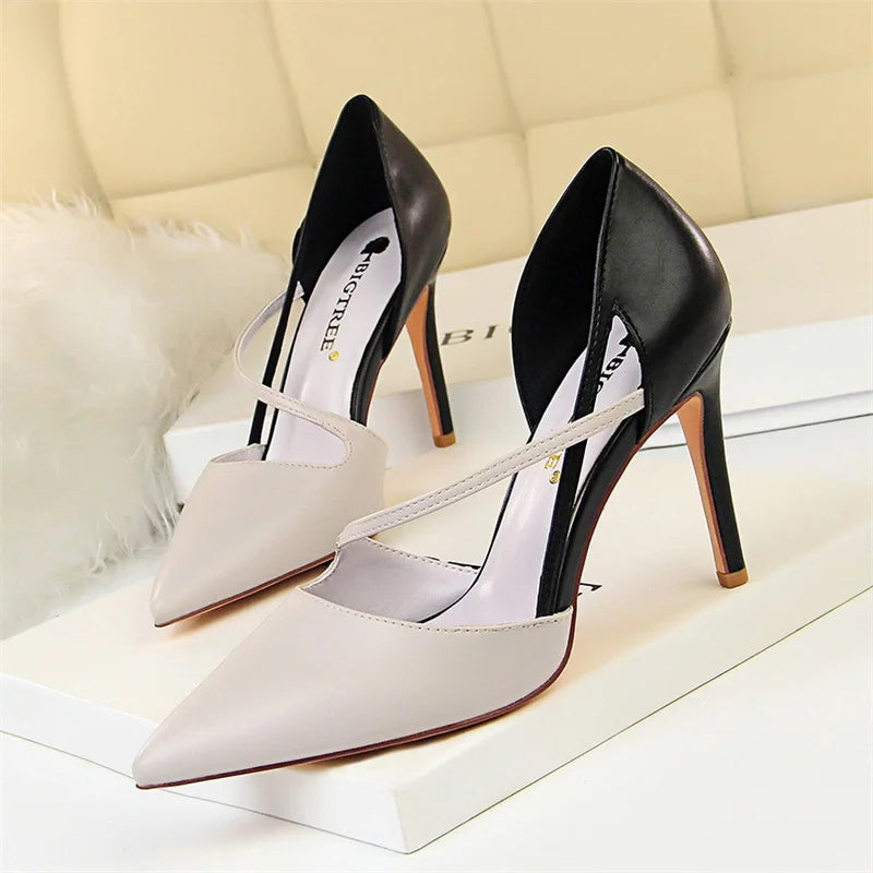 New Summer Women Fashion Sweet Pointed Toe High Heel Sandals Patchwork Hollow Party Ankle Strap Yellow Pink Single Shoes