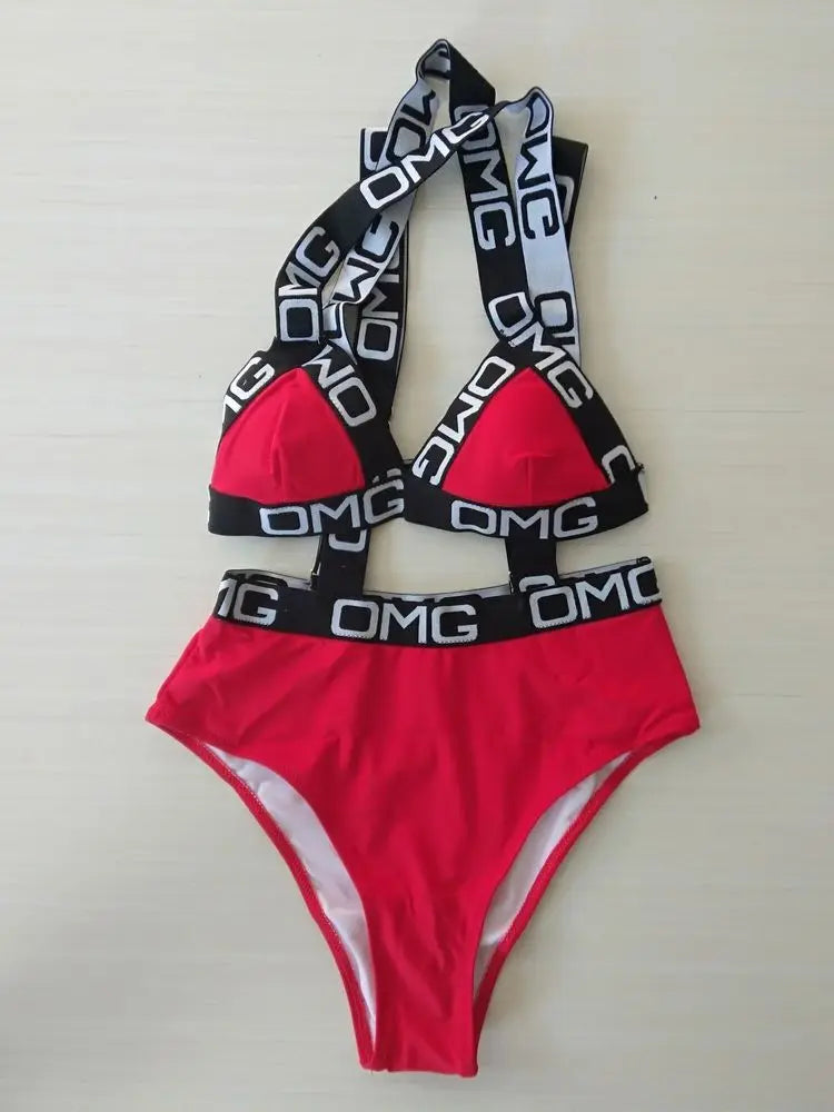 Women Swimsuit Push-up Bikini Swimwear High Waist Bathing Suit OMG Letter Print One Piece Monokini Beachwear Bathing Suit
