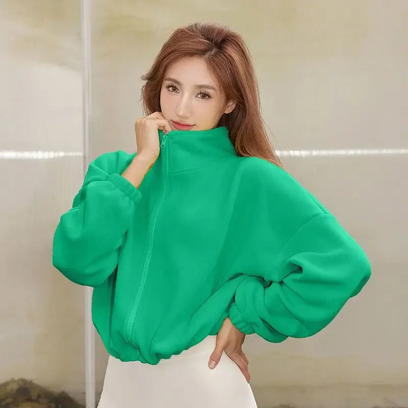 Women Loose Cropped Jacket Loose Zipper Sweatshirt Long Sleeve Coat Cardigan Sportswear Streetwear Drawstring Tops Clothing