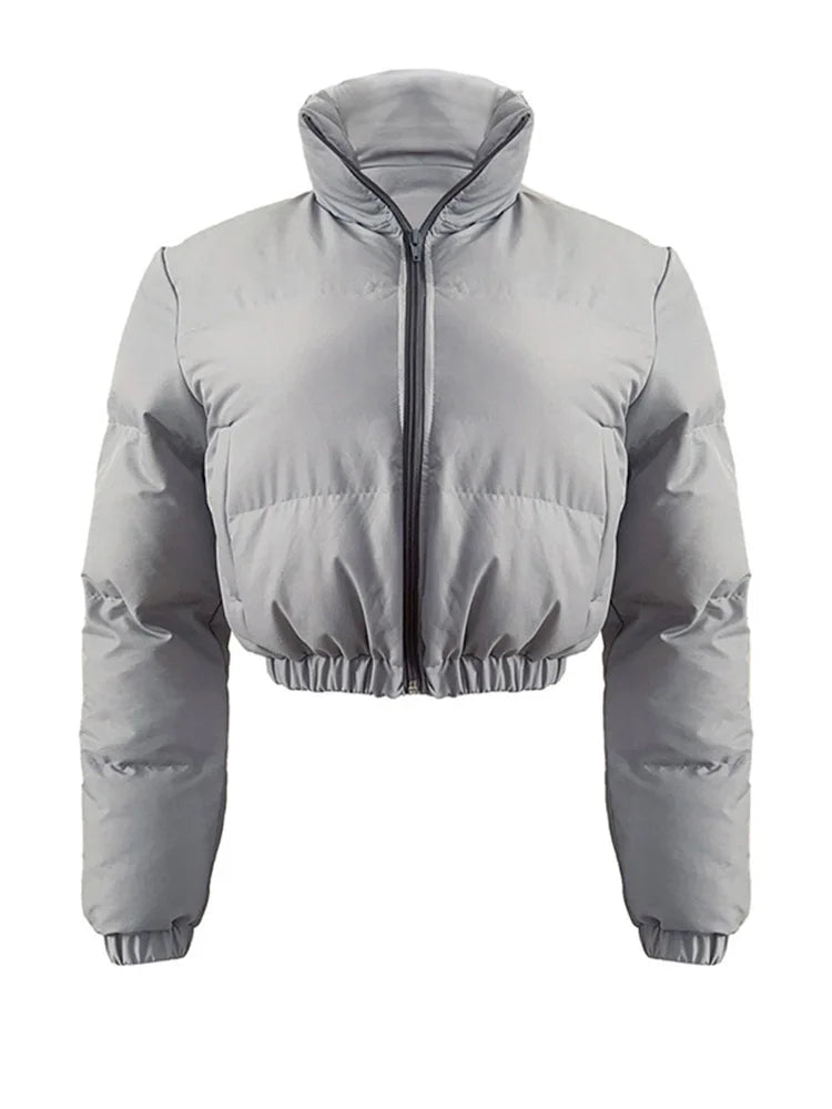 Cotton Padded Coat Women Patchwork Puffer Parka Outwear Solid Color Winter Warm Zipper Crop Top Jacket