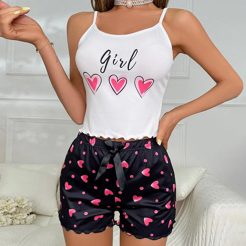 Heart-Shaped Printed Patterns Paired with Sleeveless Round Neck Suspender Top and Casual Home Shorts for Women's Pajama Set