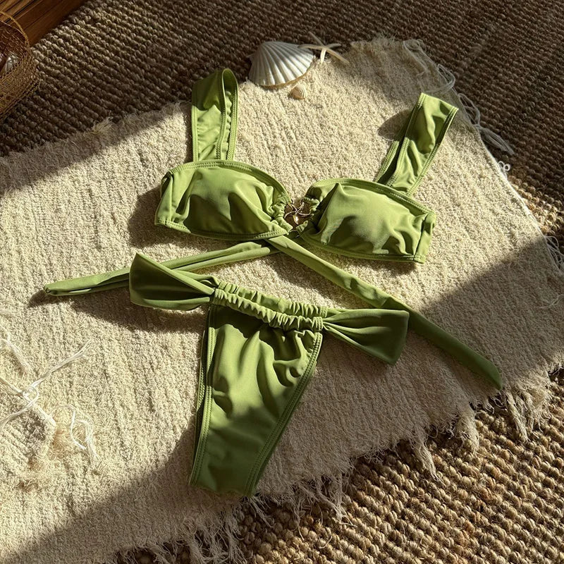 2025 New Summer Solid Push Up Woman Swimsuit Beach Sexy Bikini Set Solid Swimming Suit for Women Swimwear Bathing Suit