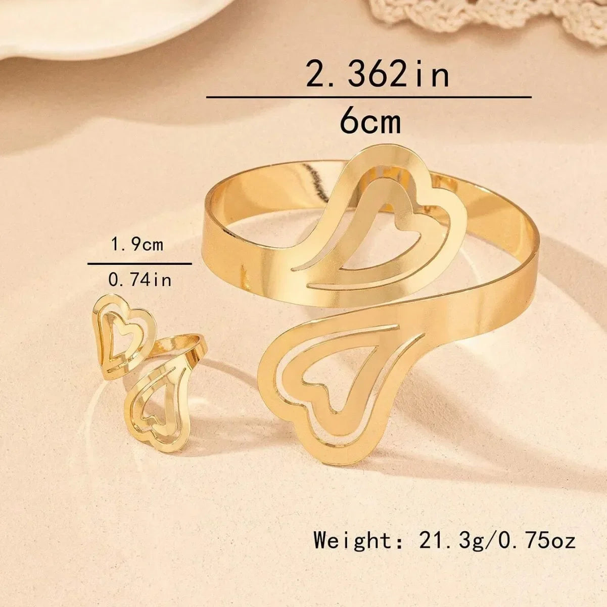 2pcs gold plated heart shaped bracelet bangles for women fashionable.