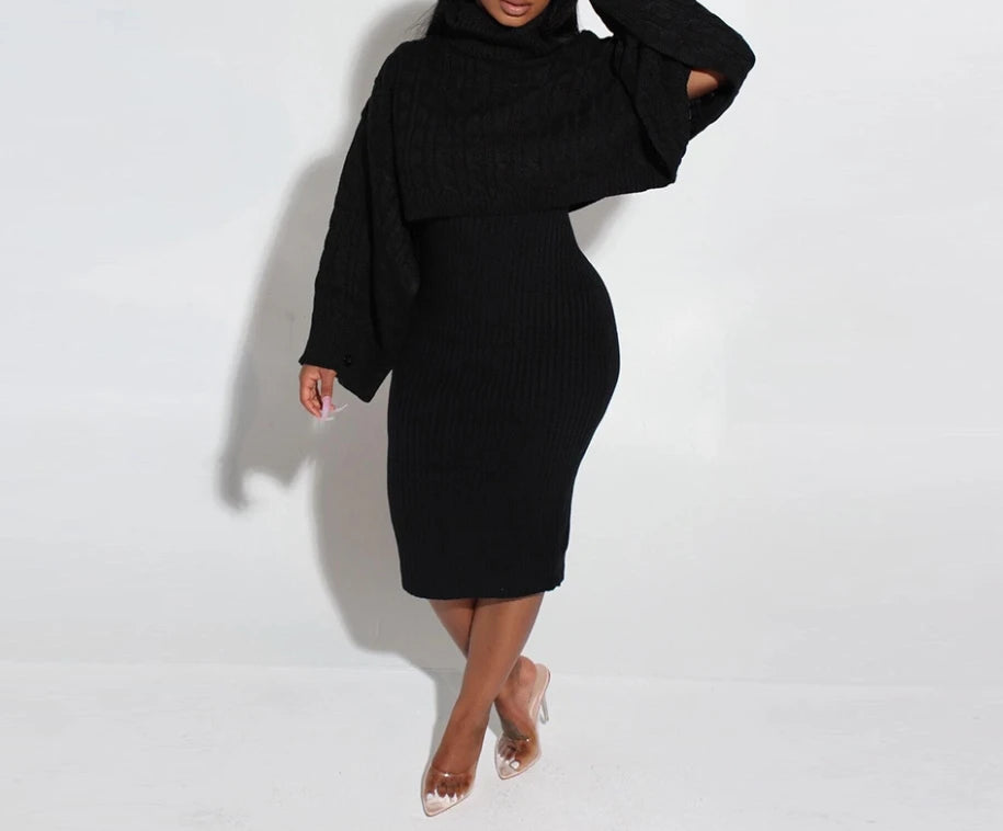 Women's Sweater Dress Set Autumn Winter New 2025 Solid Turtleneck Ribbed Sweater & Knitted Strap Dress Sets Matching Outfit