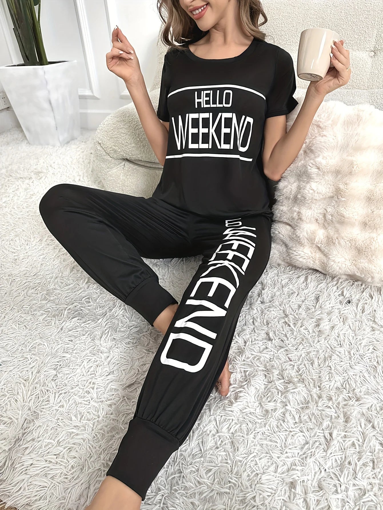 New style women's pajamas letter short sleeve top Black trousers casual elegant two-piece home outfit