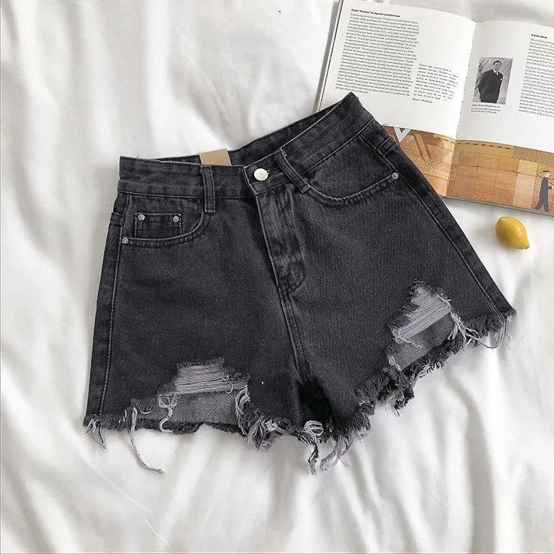 Women Summer Fashion Casual High Waist Ripped Jeans Pocket Tassel Y2K Hot Pants Streetwear Blue Trousers