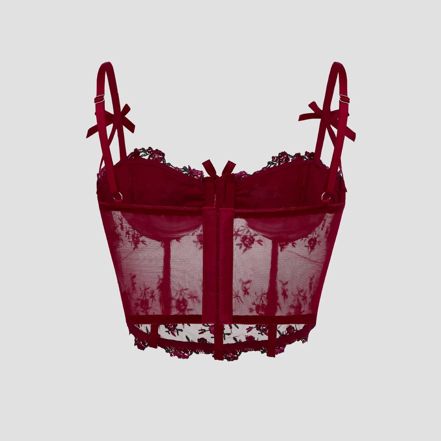 Sexy Lace Floral Embroidery Bow Corset For Women Camisole Sheer Mesh Fishbone Slim Crop Top Wired Bra