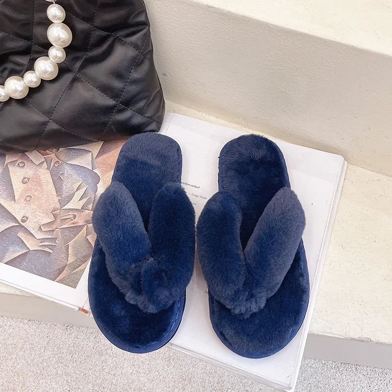 Winter Women House Slippers Faux Fur Warm Flat Shoes Female Slip Home Ladies Slippers Size 36-43