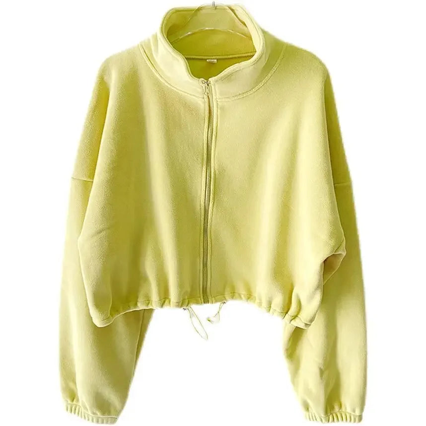 Women Loose Cropped Jacket Loose Zipper Sweatshirt Long Sleeve Coat Cardigan Sportswear Streetwear Drawstring Tops Clothing