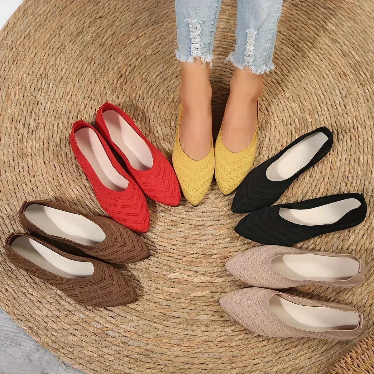 New Open Shoe Flat Office Boot Solid Color Knitted Slip On Shoes Casual Ballet Flats Shoes Women