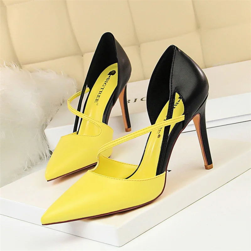 New Summer Women Fashion Sweet Pointed Toe High Heel Sandals Patchwork Hollow Party Ankle Strap Yellow Pink Single Shoes