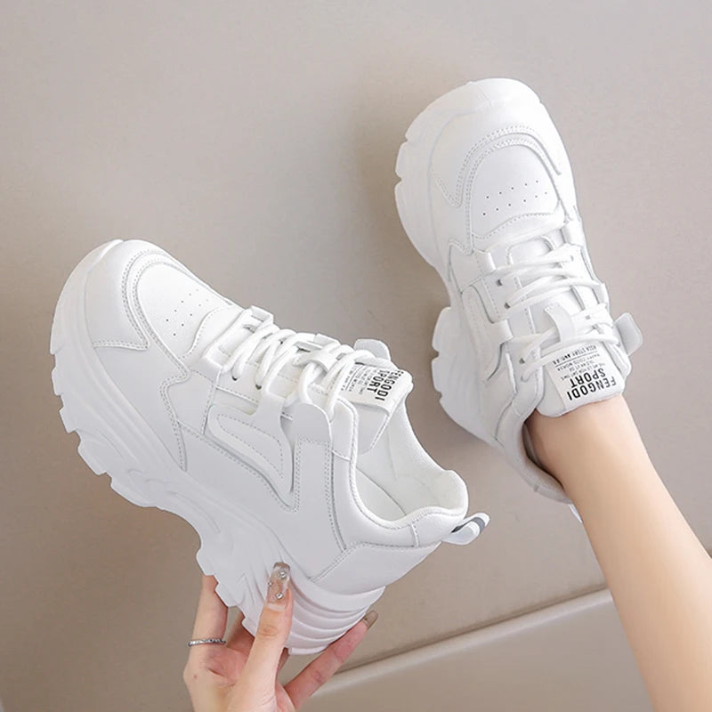White Platform Women's Sneakers Spring Lace-Up Thick Bottom