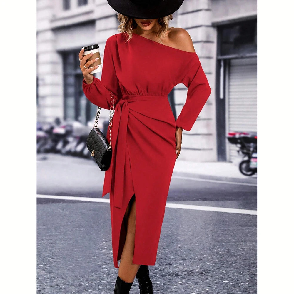 Women's Dresses All Season Elegant Plain Fold Asymmetrical Design Long Sleeve One-Shoulder MIDI Fashion Dresses