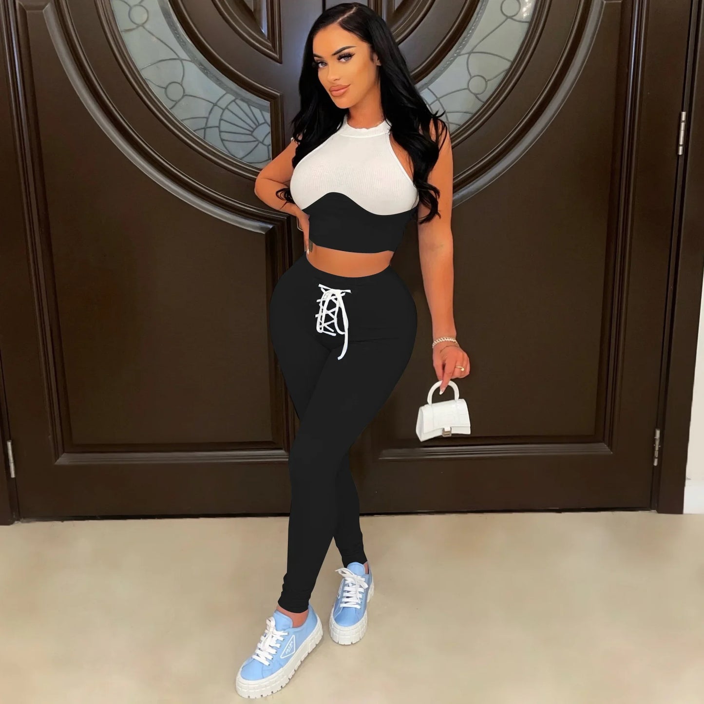 Elegant Knit Women's Set Patchwork Tank Top and Lace Up Shorts Tracksuit Two 2 Piece Set Fitness Outfit Sweatsuit