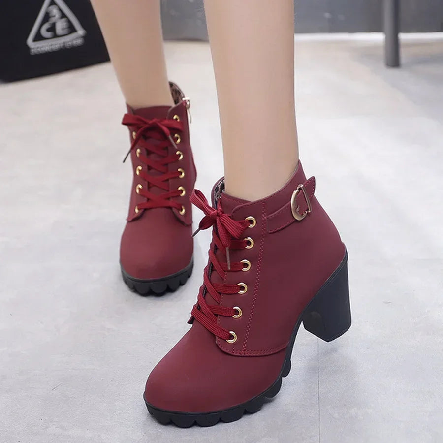 New Spring Winter Women Pumps Boots High Quality Lace-up Ladies Shoes PU High Heels Boots