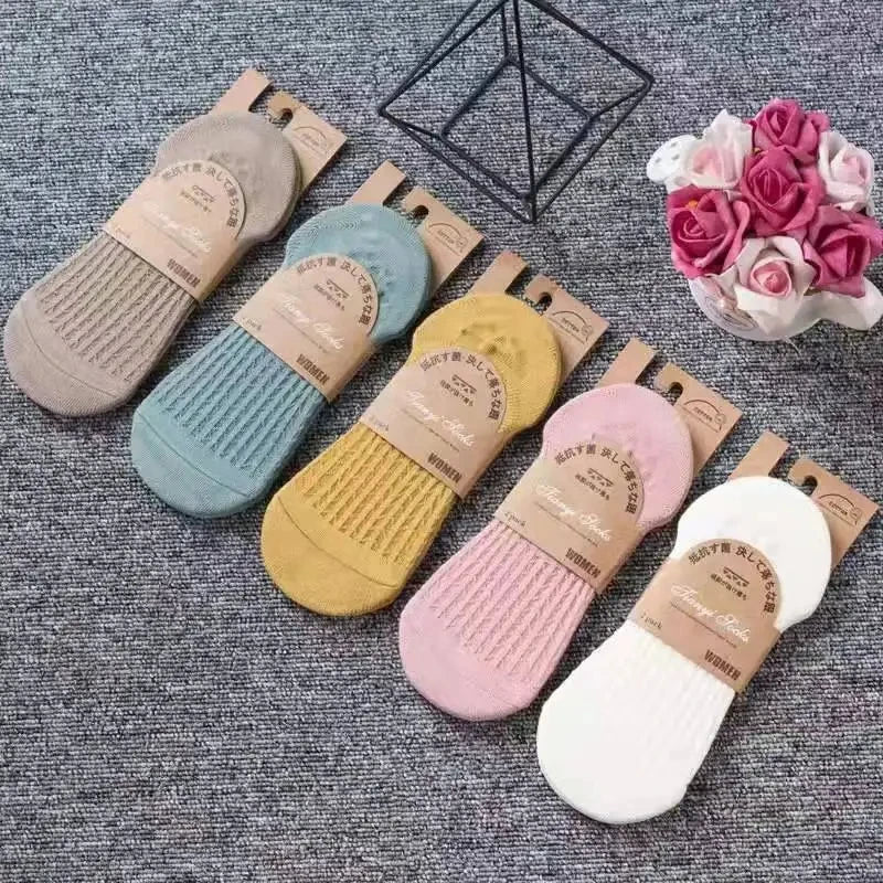 5 Pairs Women's silicone invisible Boat Socks Summer Solid Color Ankle Boat Socks Female Soft Cotton Slipper Socks 35-40 EUR