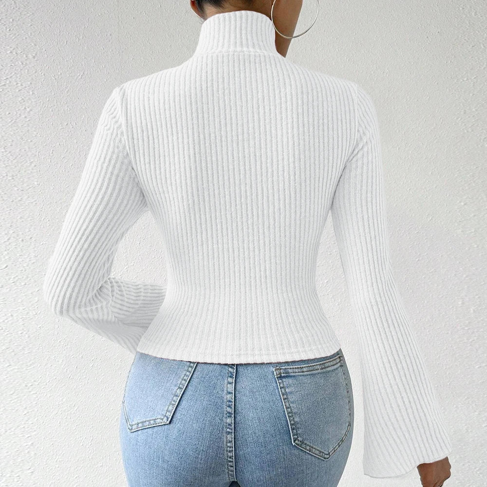 Women's T-Shirts Winter Casual Korean Cut-Out Solid Color Long Sleeve High-Neck Daily T-Shirts