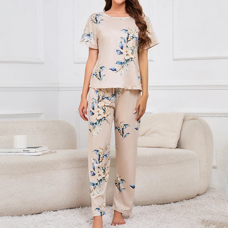 Women's 3 Piece Short Sleeve Crew Neck Top With Shorts And Pants Loungewear Sleepwear Lounge Sets Nighty Print Casual Pajama Set