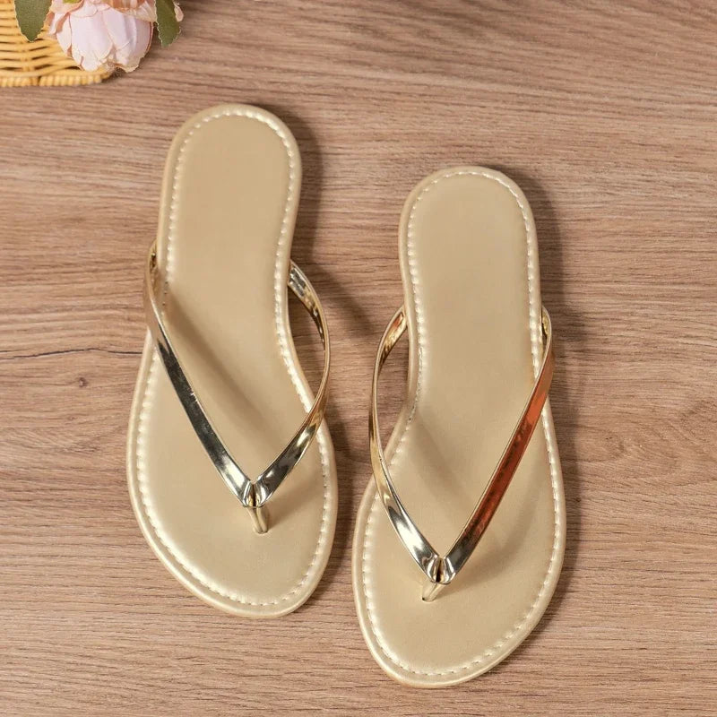Fashion Solid Color Casual Slippers Summer Comfortable Silver Gold Women's Shoes Beach Home Flat Simple Women's Slippers