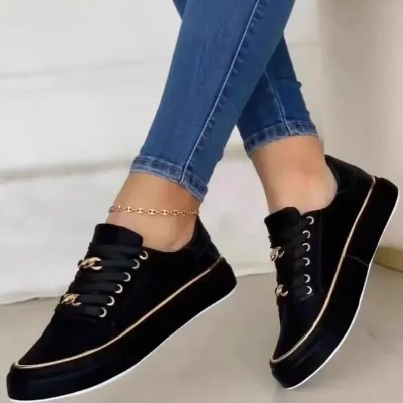 Women's Sneakers New Fashion Chain Leather Comfortable Round Toe Platform Sneakers Lace-up Walking
