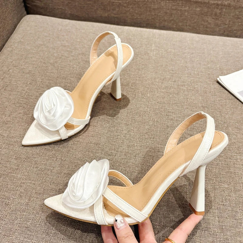 Summer Fashion Silk Rose Flowers Pointed Open Toe Back Strap Sandals Women Red High Heels Wedding Prom Shoes