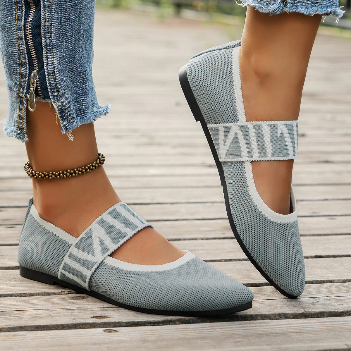 Women's Color Block Knitted Flat Shoes Chic Ballerinas Casual Striped Straps Pointed Women