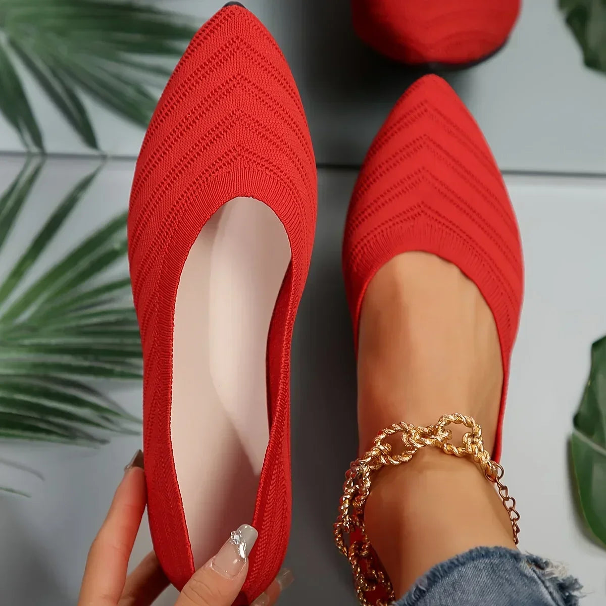 New Open Shoe Flat Office Boot Solid Color Knitted Slip On Shoes Casual Ballet Flats Shoes Women