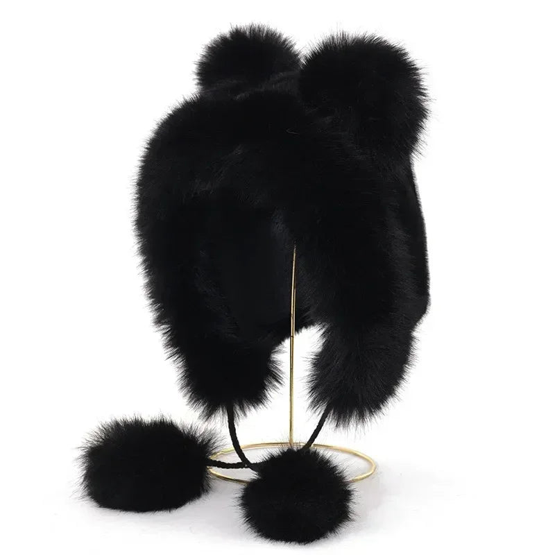 Women Cute Bear Ear Kawaii Fox Fur Hat Imitation Mink Plush Winter Warm Thickened
