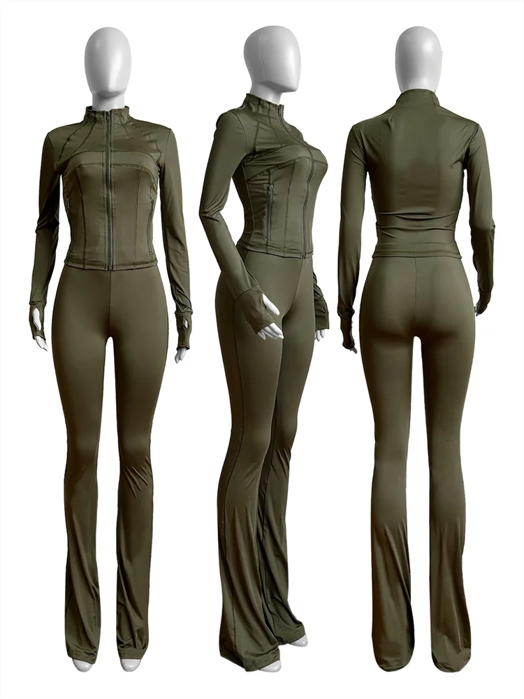 Autumn And Winter New Long Sleeves Zipper Crop top Suits Tracksuits Women's Suits Fashion Pants Female Soild 2 Piece Sets