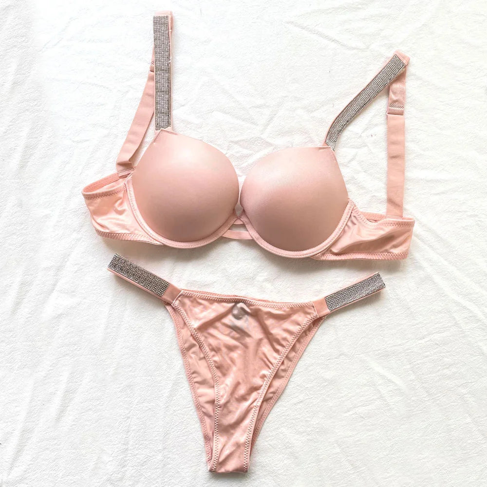 Satin Letters Rhinestone Underwear 2 Piece Set Sexy Underwear Panty Set Comfortable Push Up Bra Women Brand Underwear