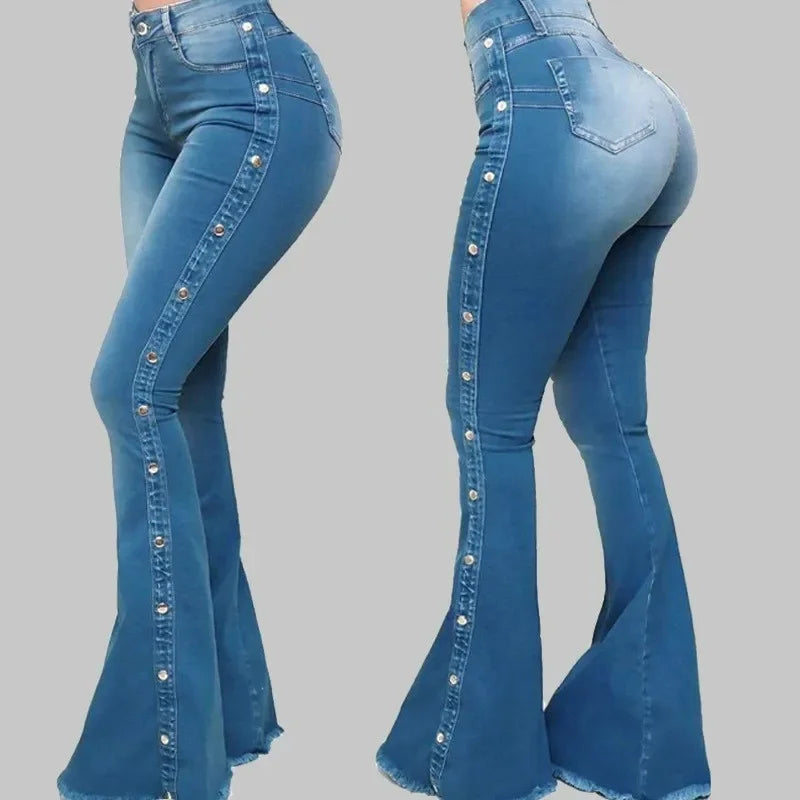 Jeans High Waist Stretch Denim Flare Pants Women Vintage Trousers Buttons Denims Streetwear 2024 Autumn Female Floor Length