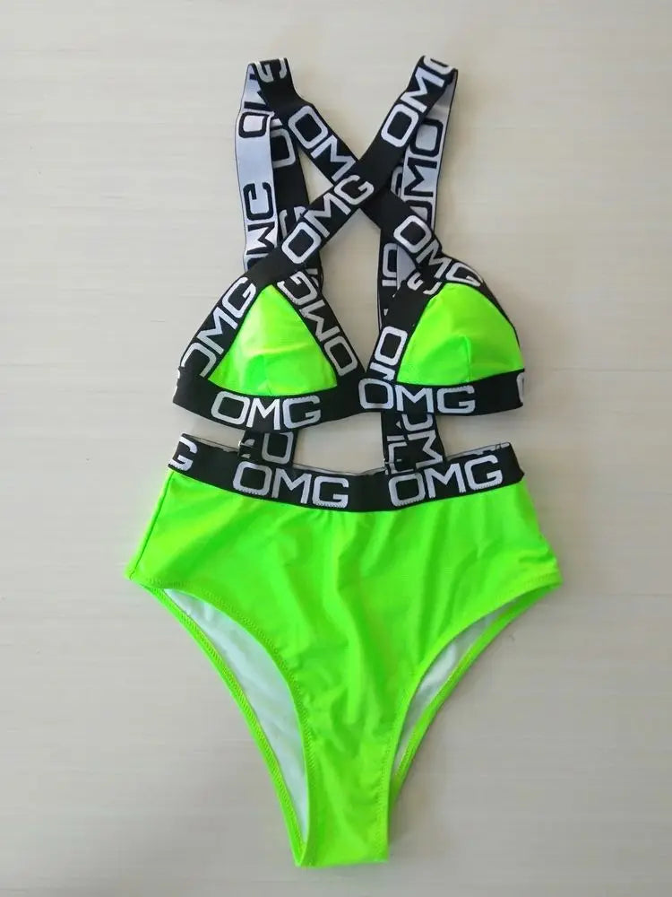 Women Swimsuit Push-up Bikini Swimwear High Waist Bathing Suit OMG Letter Print One Piece Monokini Beachwear Bathing Suit