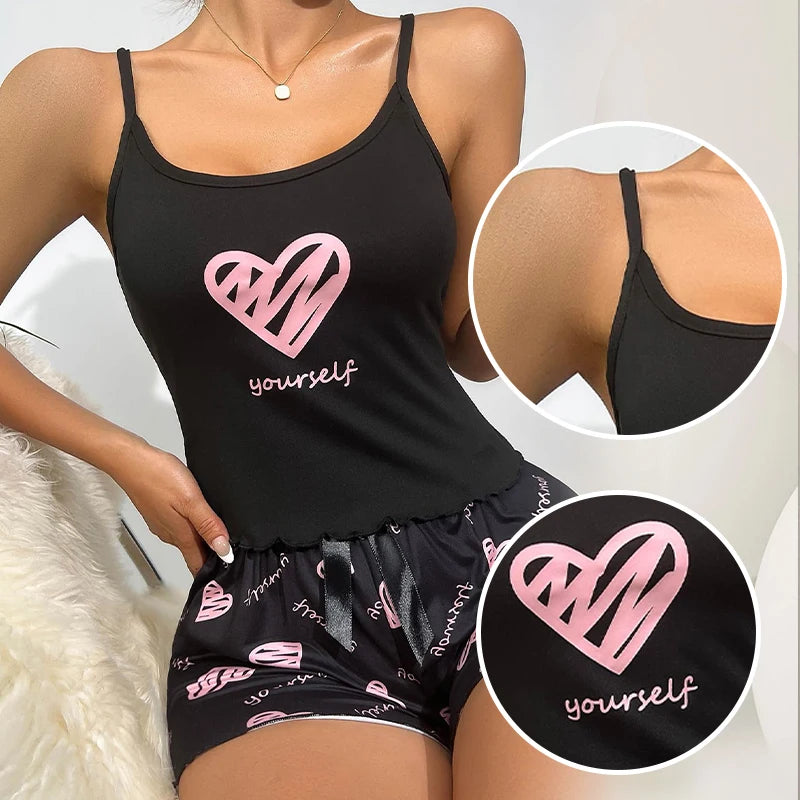 Summer Women's Milk Silk Sleeveless Camisole Shorts Pajama Set with Heart Print Casual Sleepwear Two-Piece Set