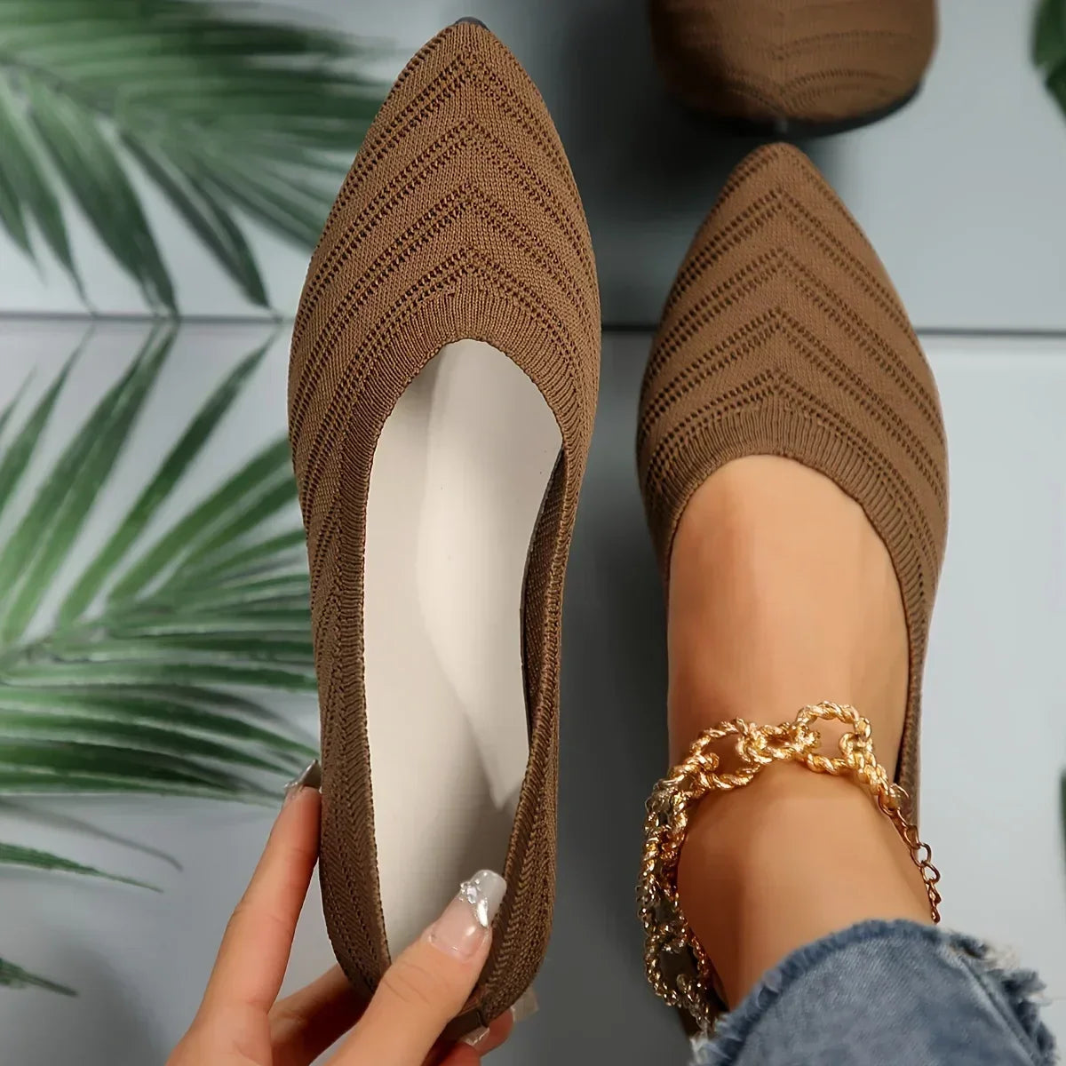 New Open Shoe Flat Office Boot Solid Color Knitted Slip On Shoes Casual Ballet Flats Shoes Women