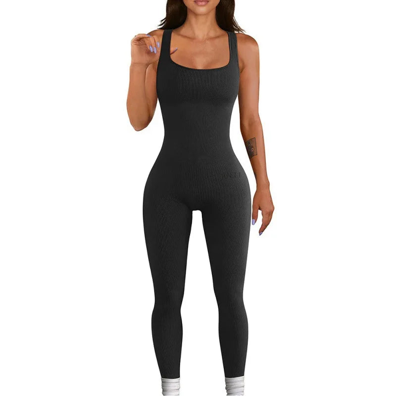 Women Workout Seamless Jumpsuit Yoga Ribbed Bodycon One Piece Square Neck Leggings Romper