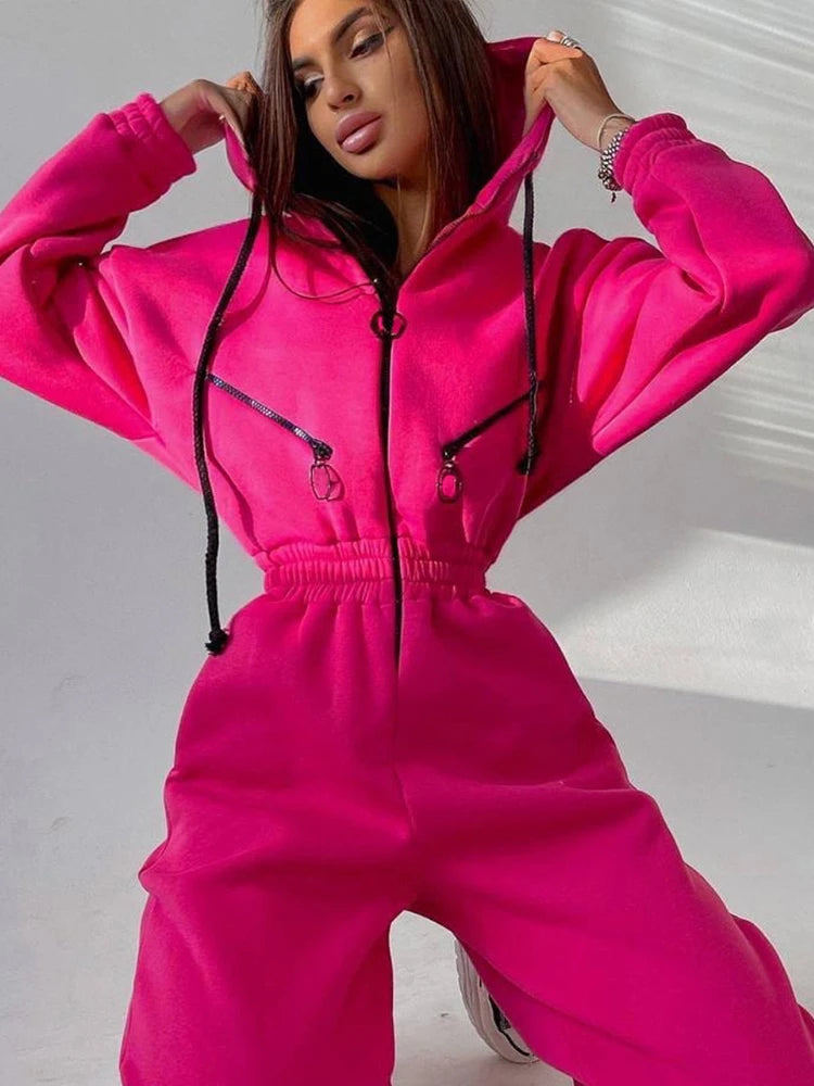 Autumn Women Monochrome Long Sleeve Jumpsuit Solid Color Zip-Up Sportswear Female Winter Casual Tracksuit Fashionable Hoodies