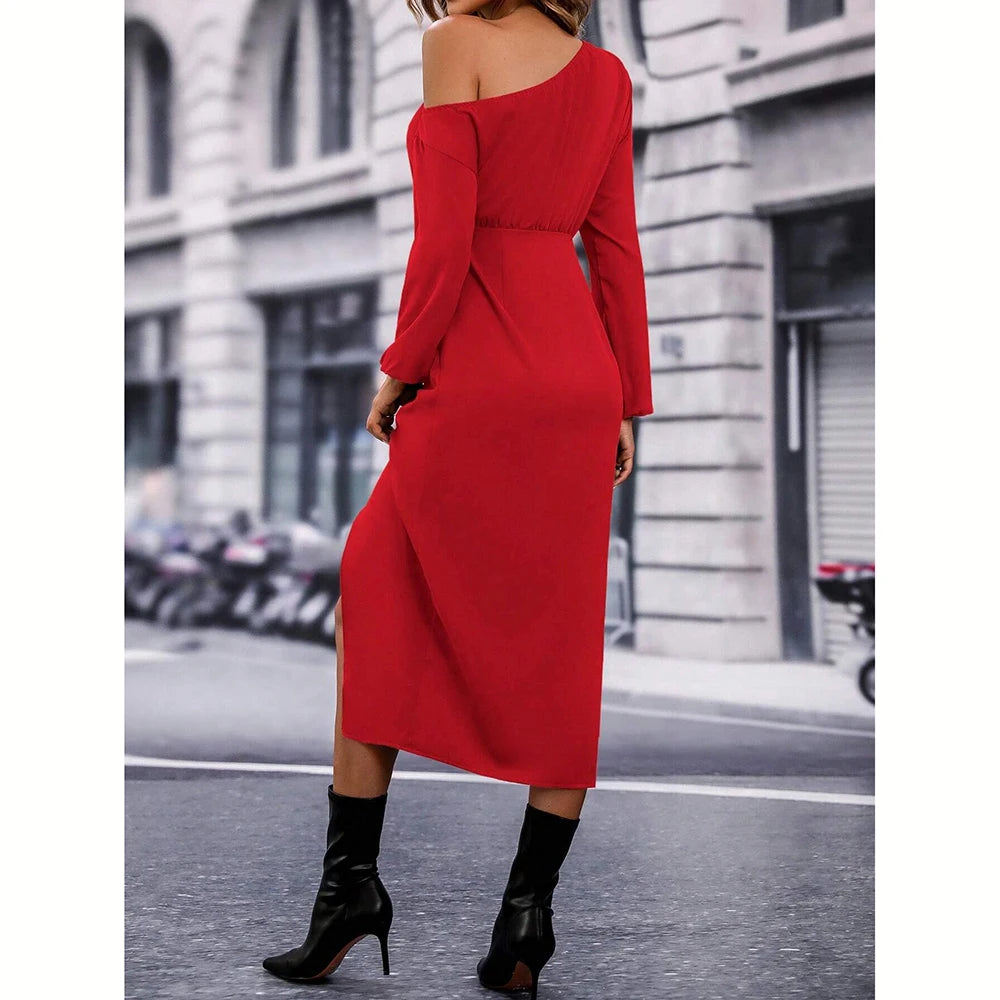 Women's Dresses All Season Elegant Plain Fold Asymmetrical Design Long Sleeve One-Shoulder MIDI Fashion Dresses