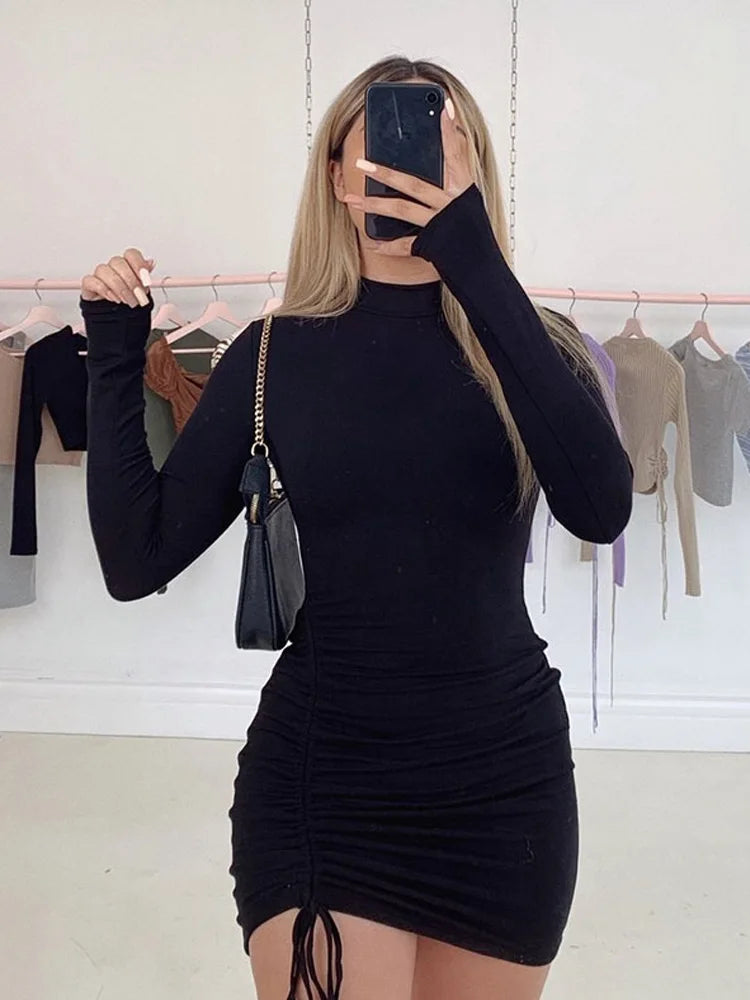 Long Sleeve Ruffles Bodycon Dress Women Turtleneck Bandage Mini Dresses Autumn Black Skinny Stretchy Party Vestidos