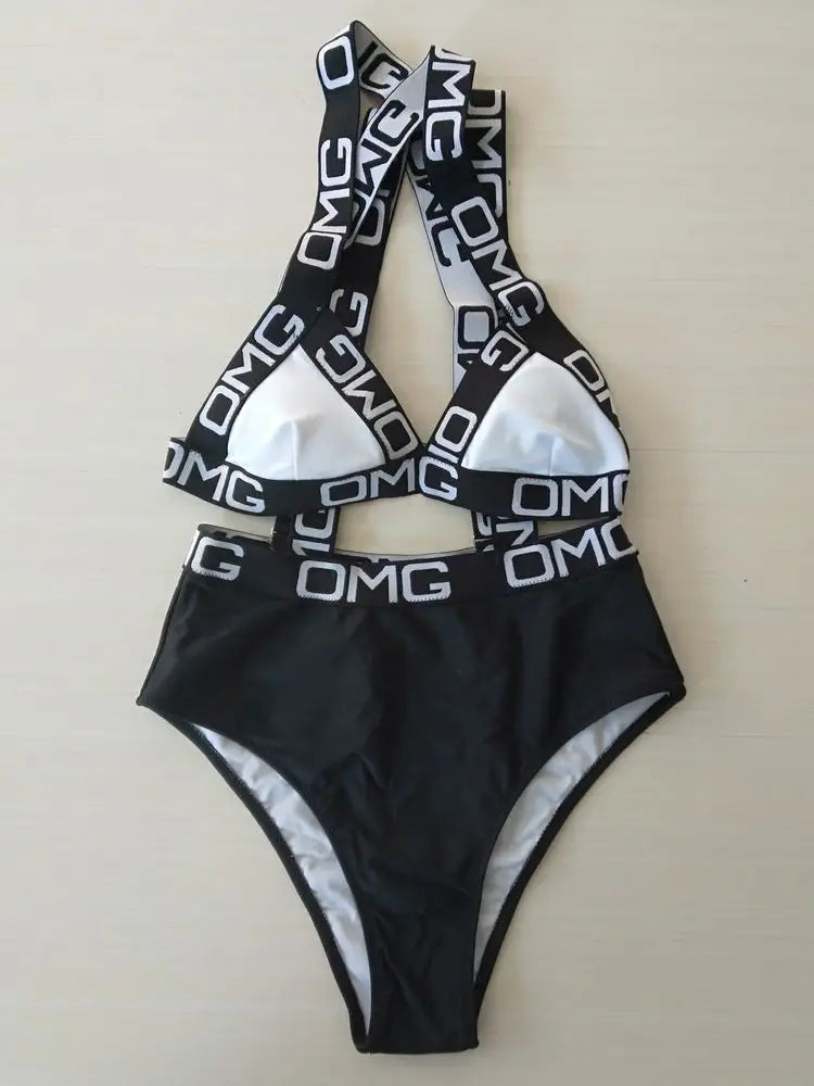 Women Swimsuit Push-up Bikini Swimwear High Waist Bathing Suit OMG Letter Print One Piece Monokini Beachwear Bathing Suit