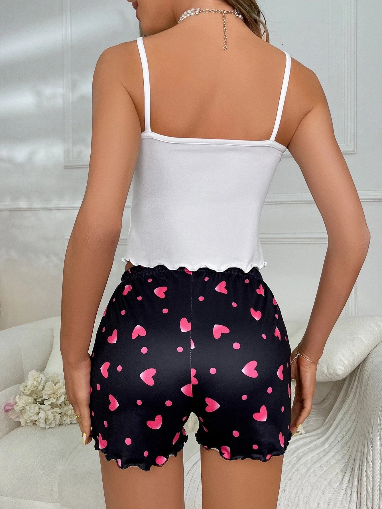 Heart-Shaped Printed Patterns Paired with Sleeveless Round Neck Suspender Top and Casual Home Shorts for Women's Pajama Set