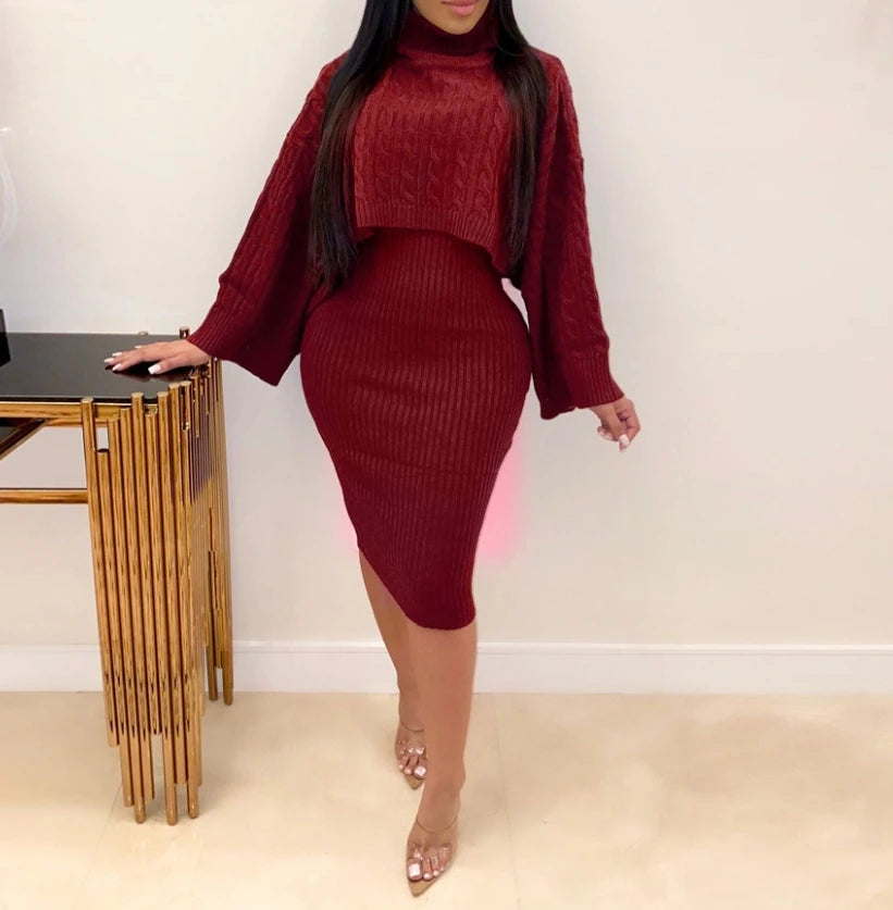 Women's Sweater Dress Set Autumn Winter New 2025 Solid Turtleneck Ribbed Sweater & Knitted Strap Dress Sets Matching Outfit