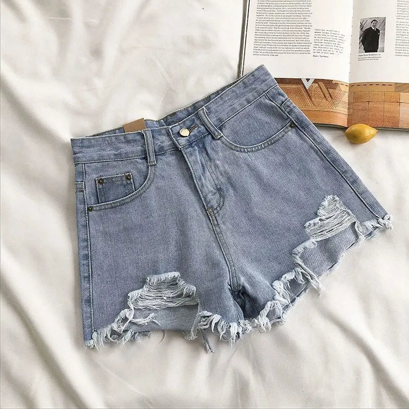 Women Summer Fashion Casual High Waist Ripped Jeans Pocket Tassel Y2K Hot Pants Streetwear Blue Trousers