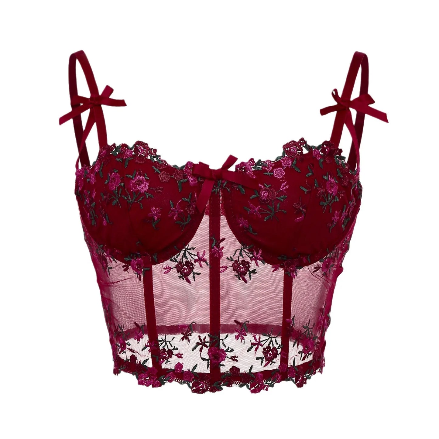 Sexy Lace Floral Embroidery Bow Corset For Women Camisole Sheer Mesh Fishbone Slim Crop Top Wired Bra