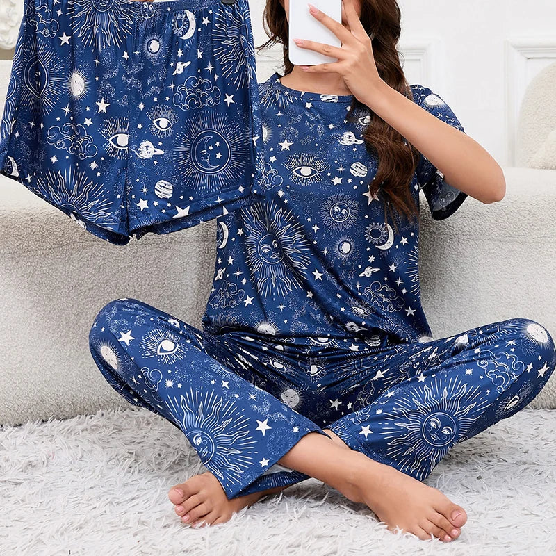 Women's 3 Piece Short Sleeve Crew Neck Top With Shorts And Pants Loungewear Sleepwear Lounge Sets Nighty Print Casual Pajama Set